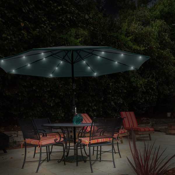 10ft Solar LED Lighted Patio Umbrella w  Tilt Adjustment, Fade-Resistant Fabric - Green #9846 on Sale